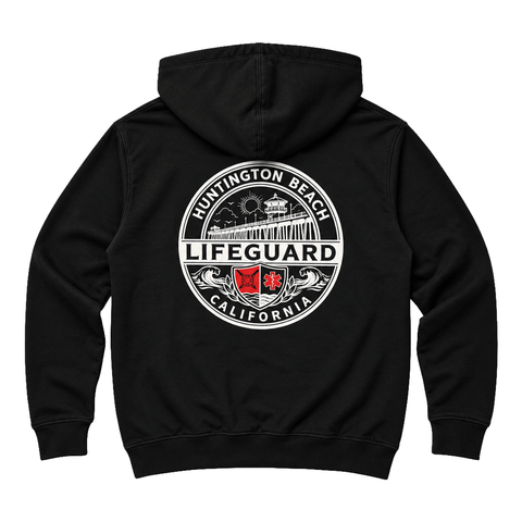 back of black hoodie with large white circle  lifeguards logo