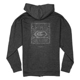 Dark gray hoodie with a graphic design on the back on a white background