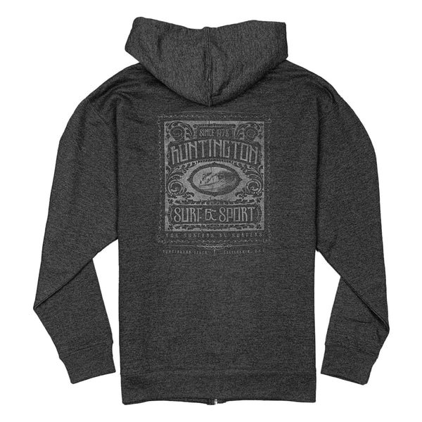 Dark gray hoodie with a graphic design on the back on a white background