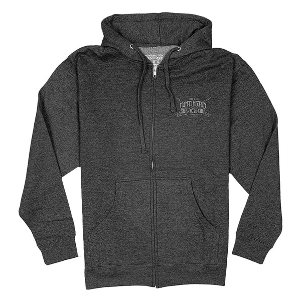 Dark gray hoodie with a logo on the chest against a white background