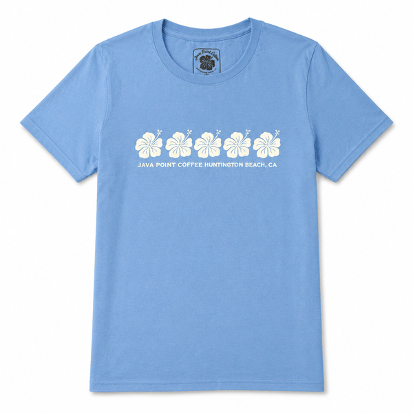 blue t-shirt with image of hibiscus flowers and text " java point coffee huntington beach, ca"