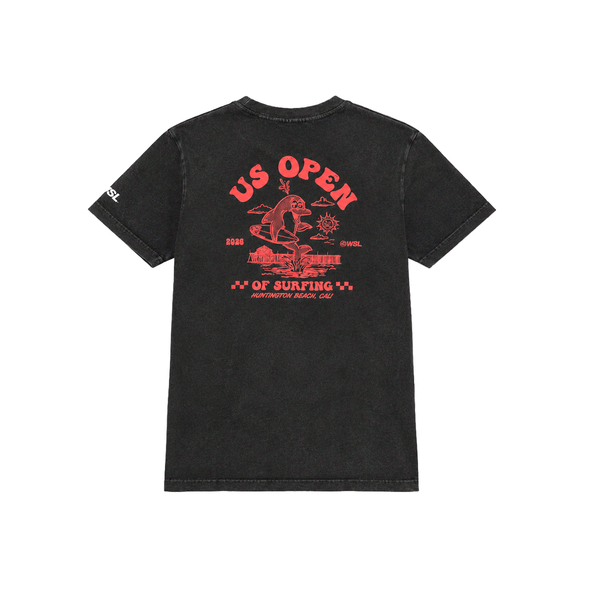 Kids washed black WSL US Open of Surfing T-shirt with image of a happy dolphin. 