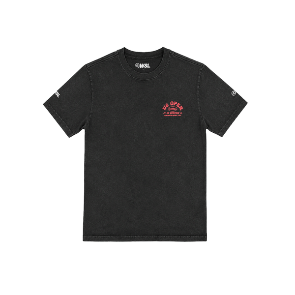 Front of Kids washed black WSL US Open of Surfing T-shirt with US Open/WSL logo on chest