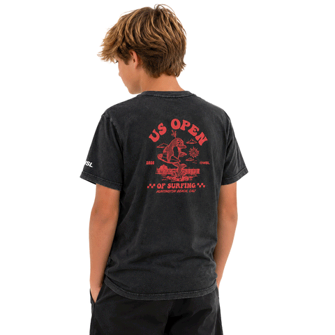 Kids washed black WSL US Open of Surfing T-shirt with a happy dolphin. shown from the back on a youth model against a white background.