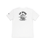 Kids white WSL US Open of Surfing T-shirt featuring a happy dolphin graphic on the back.