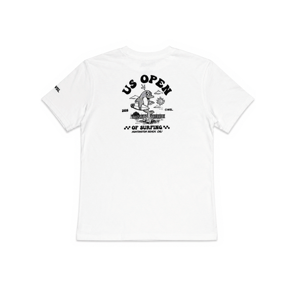 Kids white WSL US Open of Surfing T-shirt featuring a happy dolphin graphic on the back.
