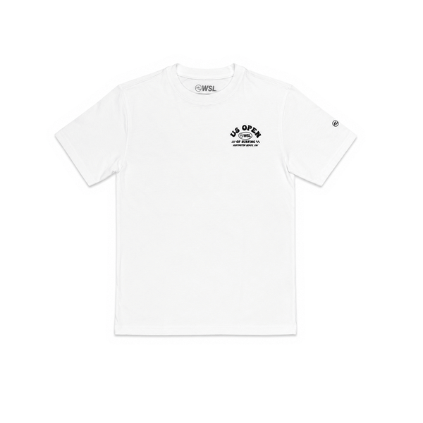 Kids white WSL US Open of Surfing T-shirt featuring a small black US Open / WSL logo on chest 