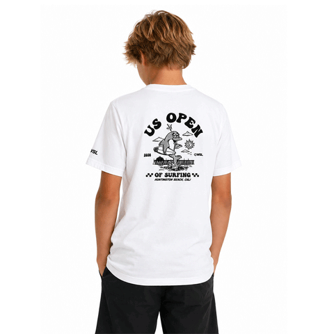 Kids white WSL US Open of Surfing T-shirt featuring a happy dolphin graphic on the back, shown on a youth model facing away against a white background.