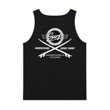 Black men's tank top with HSS Hardcore Surf Shop back logo on a white background.