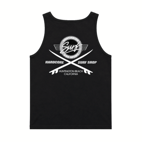 Black men's tank top with HSS Hardcore Surf Shop back logo on a white background.