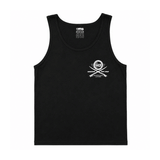 Black men's tank top with HSS Hardcore Surf Shop chest logo on a white background.
