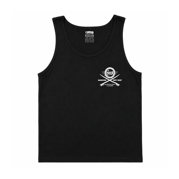 Black men's tank top with HSS Hardcore Surf Shop chest logo on a white background.