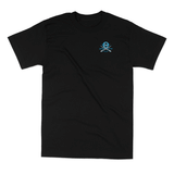 black t-shirt with a small logo on the chest against a white background