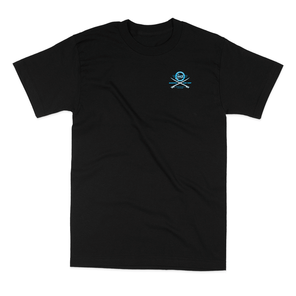 black t-shirt with a small logo on the chest against a white background