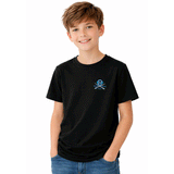 boy wearing a black t-shirt with blue and white logo on the chest
