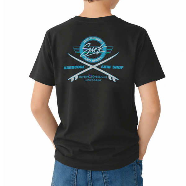 back of boy wearing a black t-shirt with blue and white logo
