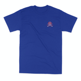 Blue t-shirt with a small logo on the chest against a white background