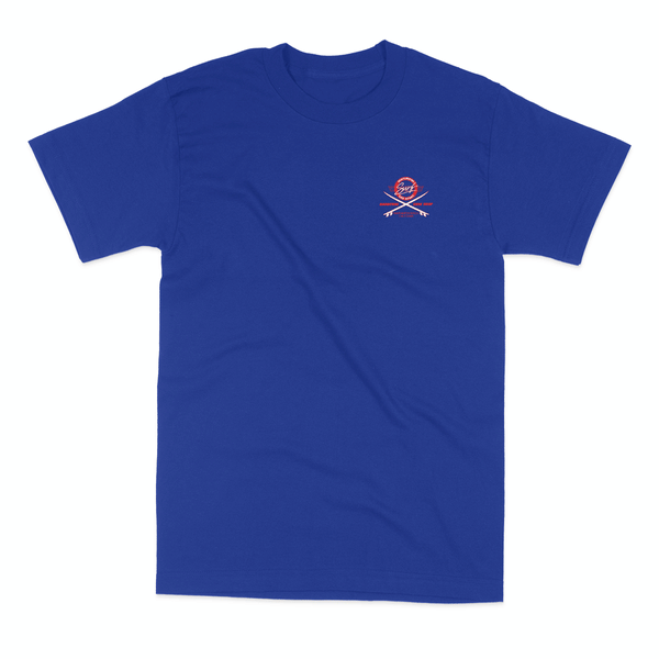Blue t-shirt with a small logo on the chest against a white background