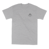 grey tshirt with black and white logo on chest