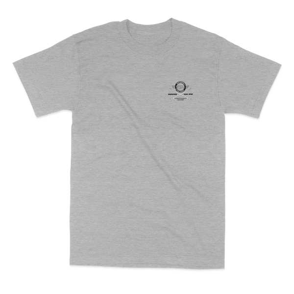 grey tshirt with black and white logo on chest