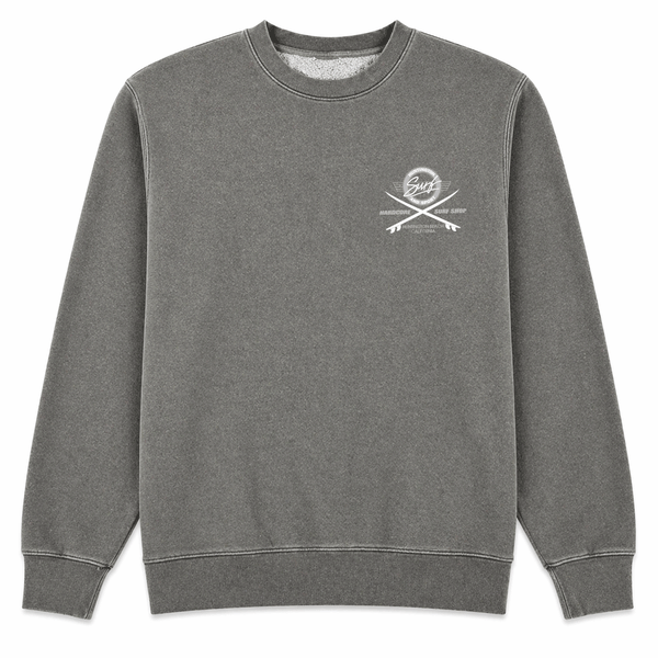 Gray sweatshirt with a logo on the chest against a white background