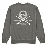 Gray sweatshirt with a logo on the back on a white background