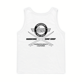 White men's tank top with HSS Hardcore Surf Shop back logo on a white background.