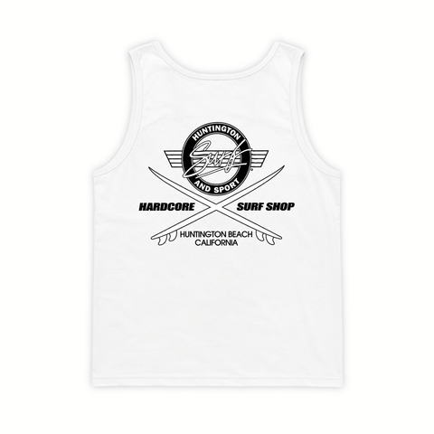 White men's tank top with HSS Hardcore Surf Shop back logo on a white background.