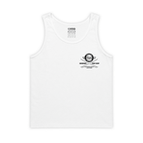 White men's tank top with HSS Hardcore Surf Shop chest logo on a white background.