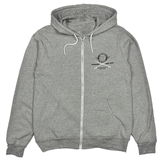 grey zip hoodie with black and white chest logo on a white background