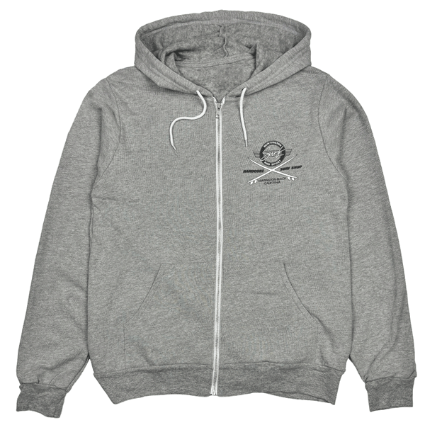 grey zip hoodie with black and white chest logo on a white background