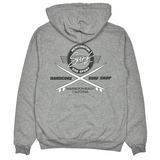 grey hoodie with black and white logo on a white background