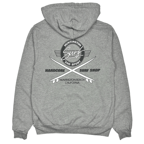 grey hoodie with black and white logo on a white background