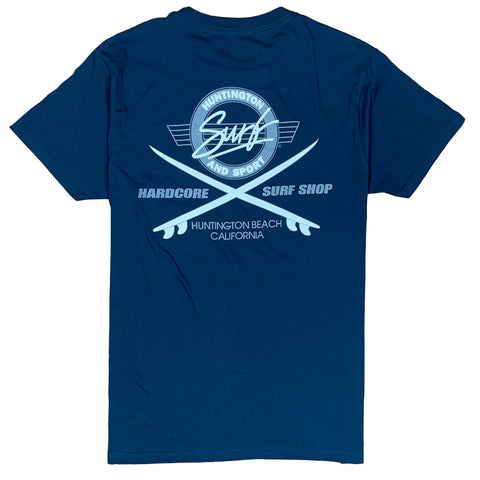 back of T-Shirt with logo of 2 surfboards