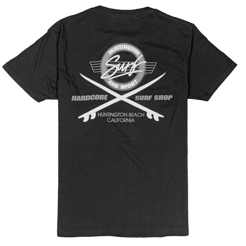 back of black t-shirt with logo of 2 surfboards and the words huntington beach california