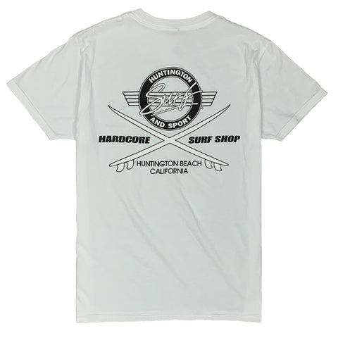 black t-shirt with logo of 2 surfboards and the words huntington beach california