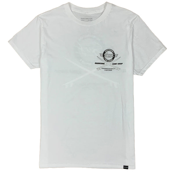 front t-shirt with logo of 2 surfboards and the words huntington beach california on chest