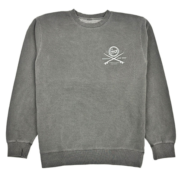 Gray sweatshirt with a logo on the chest against a white background