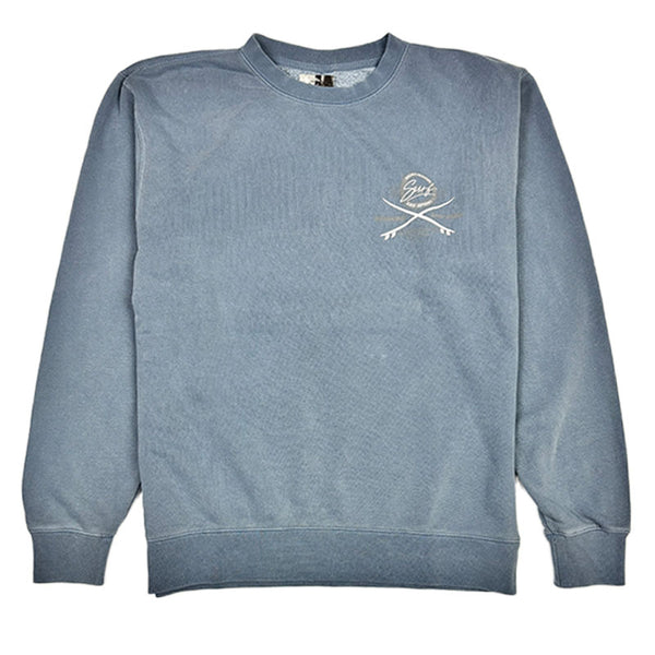 Blue sweatshirt with a logo on the chest against a white background