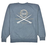 Blue sweatshirt with a graphic design on the back on a white background
