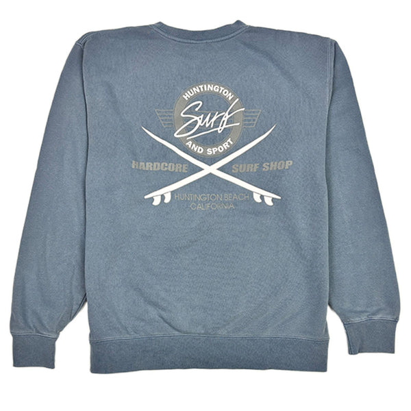 Blue sweatshirt with a graphic design on the back on a white background