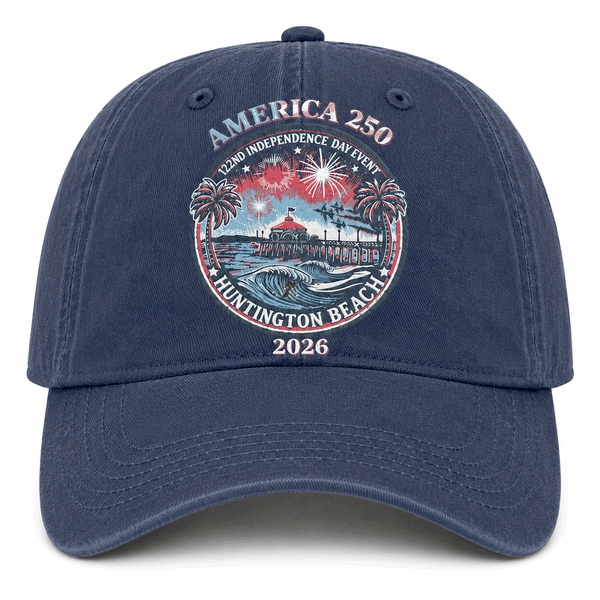 navy hat with image of HB Pier and text "America 250"