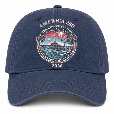 navy hat with image of HB Pier and text "America 250"