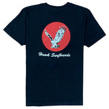Black t-shirt with a red circle featuring an eagle and 'Hawk Surfboards' text on a white background