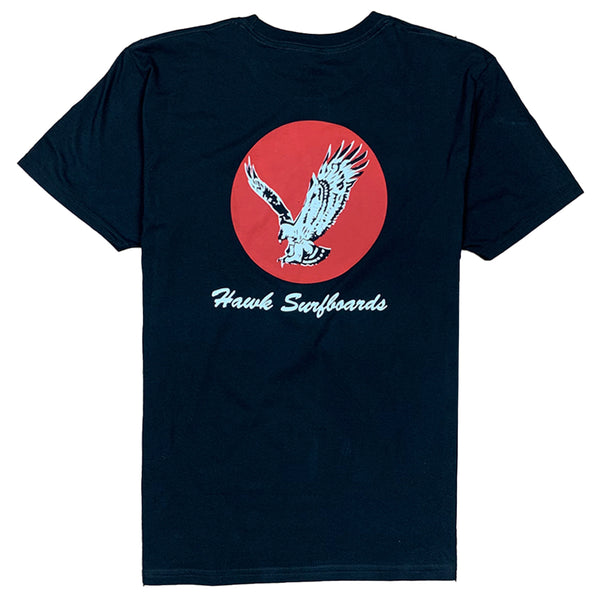 Black t-shirt with a red circle featuring an eagle and 'Hawk Surfboards' text on a white background