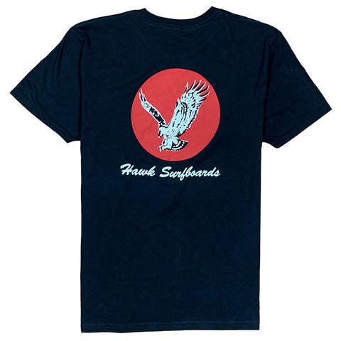Black t-shirt with a red circle featuring an eagle and 'Hawk Surfboards' text on a white background