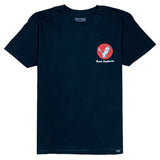 Black t-shirt with a red and white logo on a white background