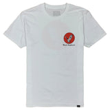 White t-shirt with a red and black logo on a white background