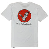 White t-shirt with a red circle featuring an eagle and 'Hawk Surfboards' text on a white background