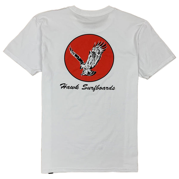 White t-shirt with a red circle featuring an eagle and 'Hawk Surfboards' text on a white background